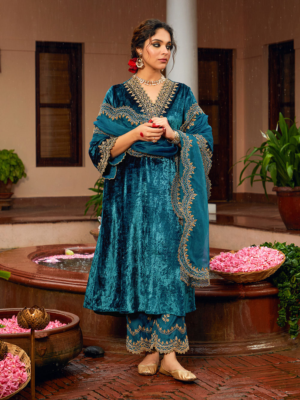 open lace back dress Party Wear Kurti Velvet Maroon Embroidered Kurtis – Kajols main image 1
