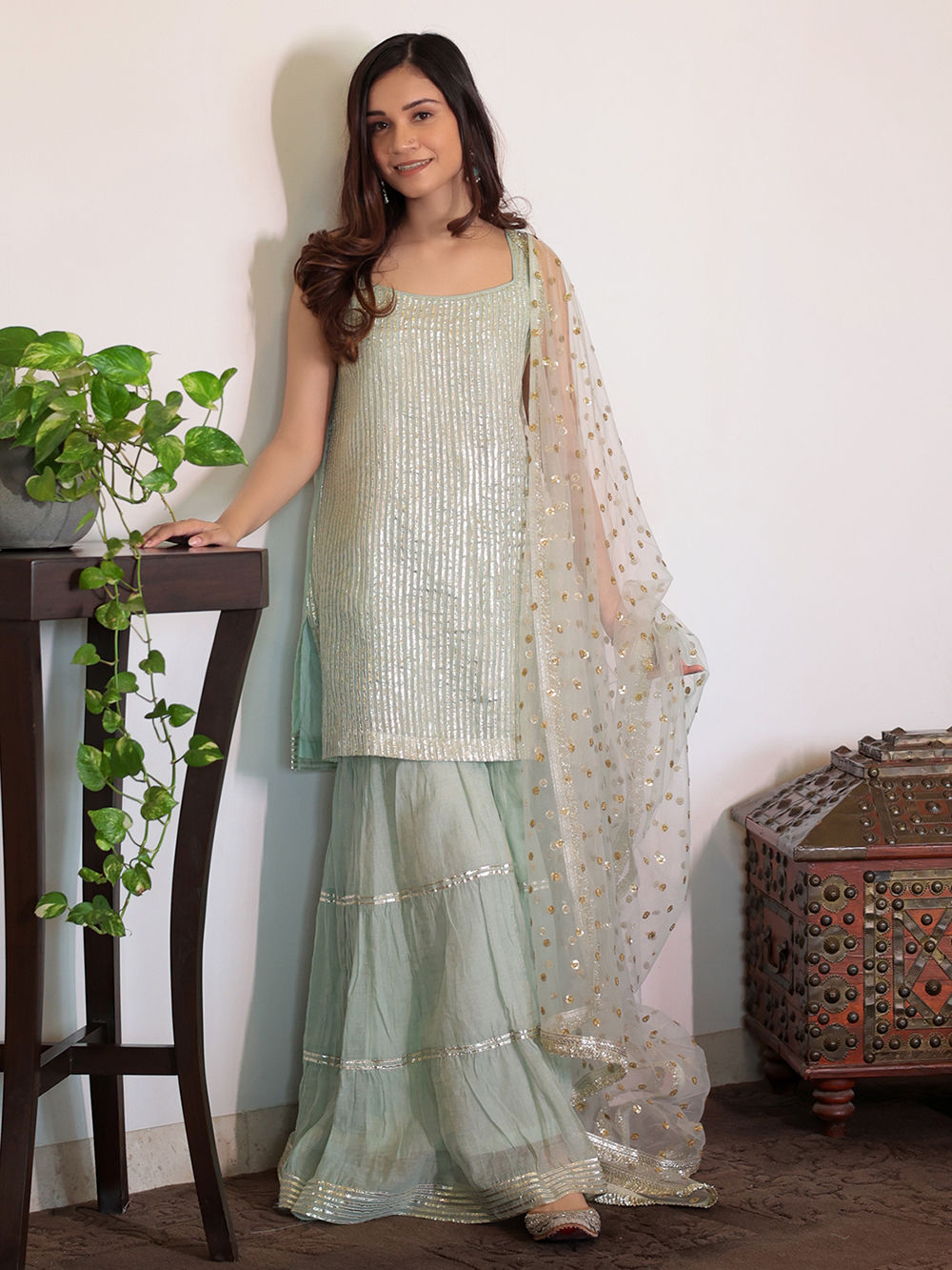 Aqua Green Gota Patti Tissue Chanderi Silk Sharara Suit - Set of 3