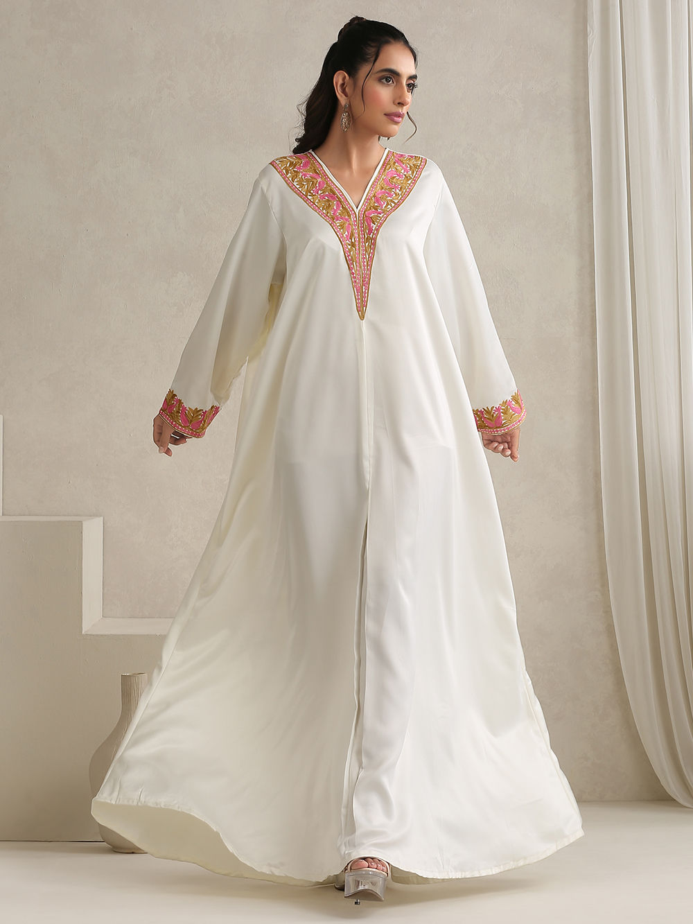 White Kashmiri Aari Embroidered Satin Dress