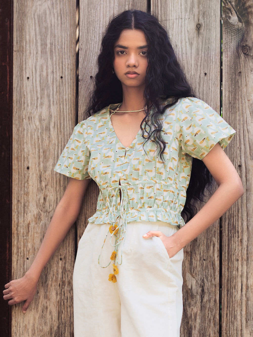 Off White Green Hand Block Printed Cotton Top Off White Green Hand Block Printed Cotton Top
