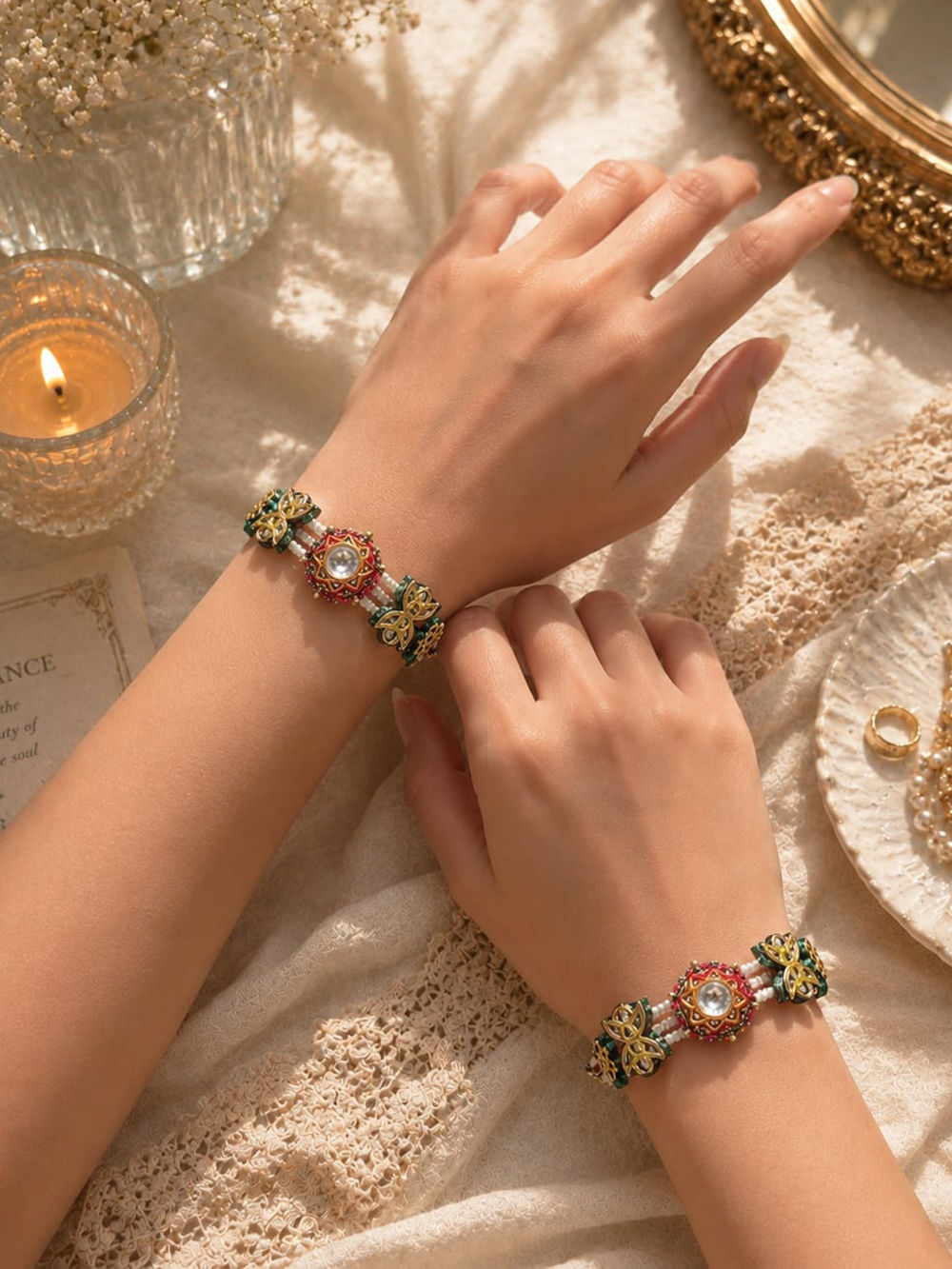 Gold Plated Multicolor Handcrafted Brass Bracelet - Set of 2
