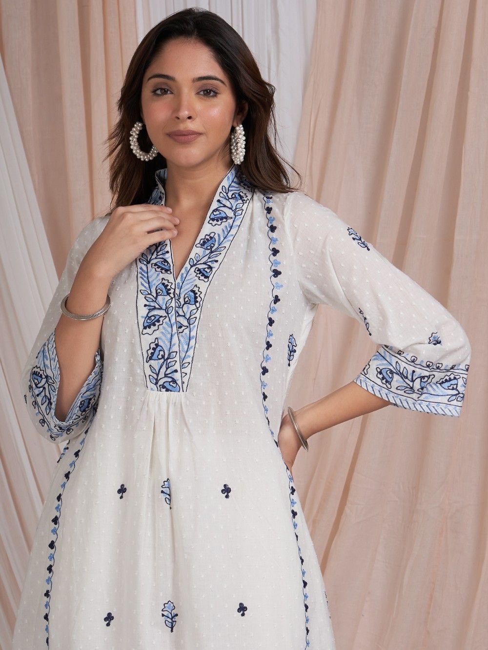 sachin and babi light blue dress Vintage White Embroidered Blue Flowers Dress – Avigail Adam main image 0