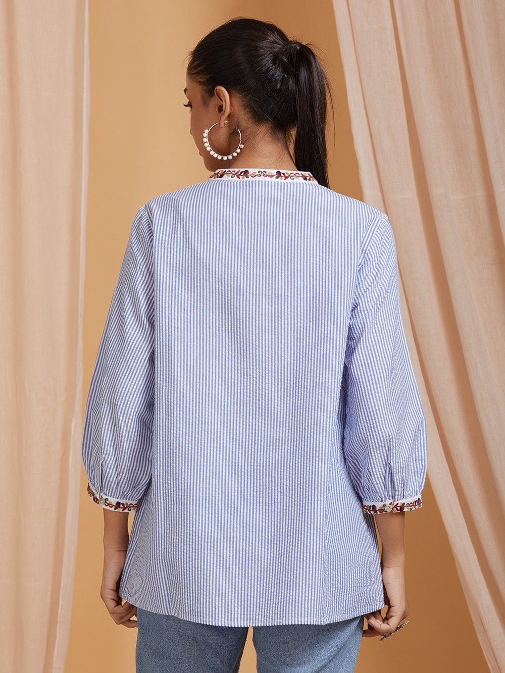 Blue Embroidered Cotton Top