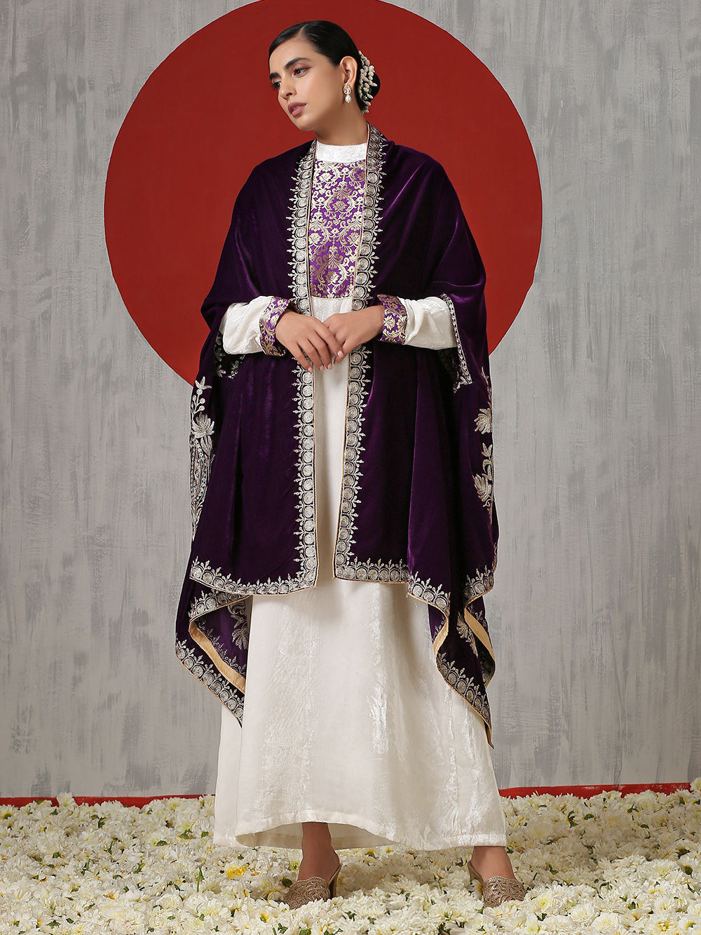 White Kashmiri Tilla Embroidered Velvet Dress with Cape- Set of 2