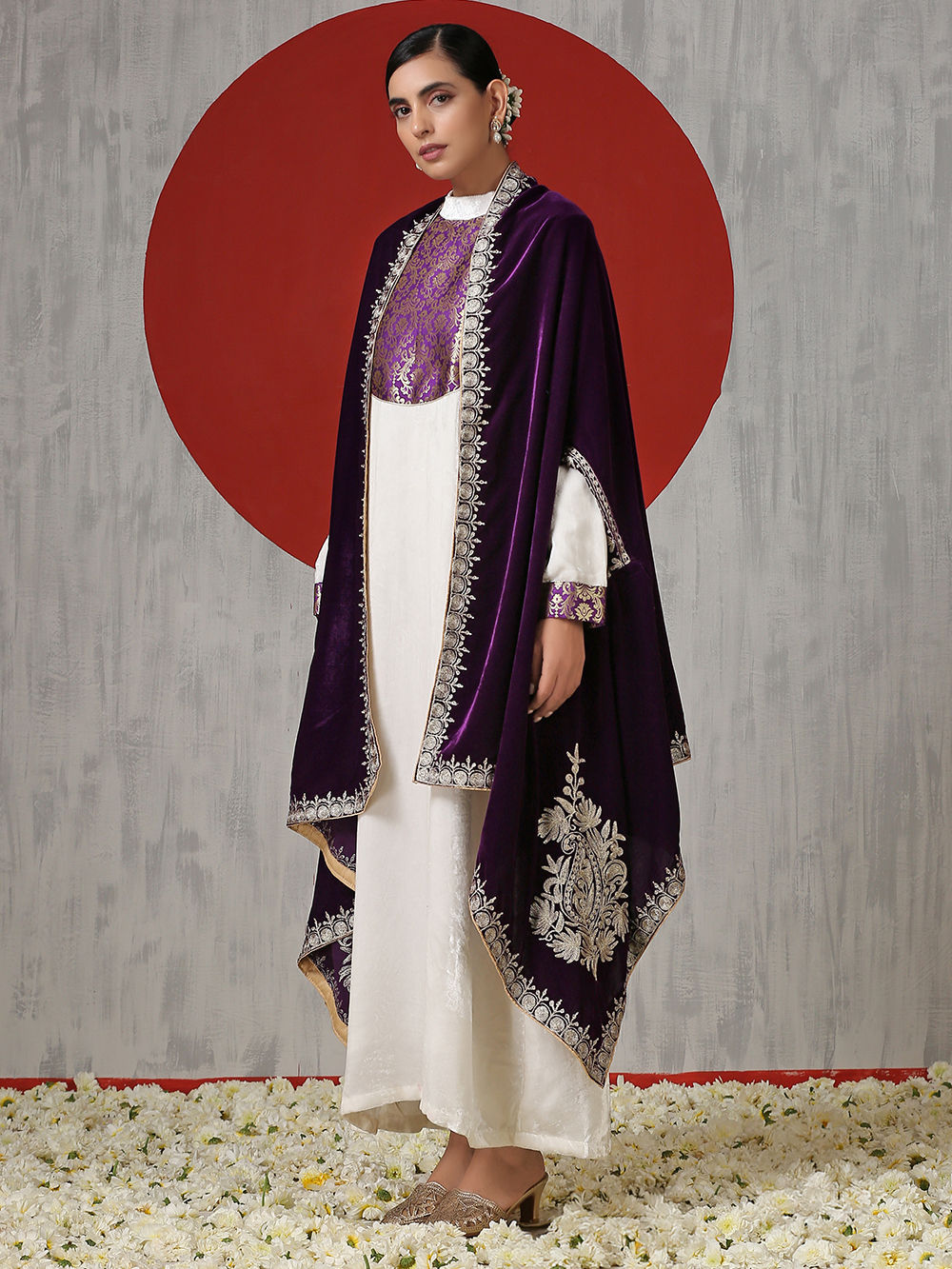 White Kashmiri Tilla Embroidered Velvet Dress with Cape- Set of 2