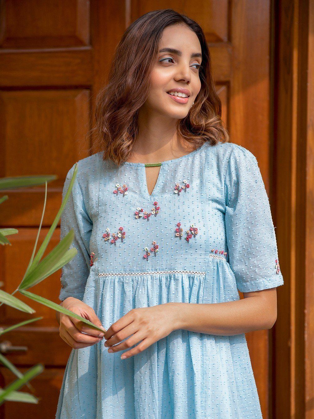 Blue Hand Embroidered Cotton Dobby Dress With Modal SlipThe Loom