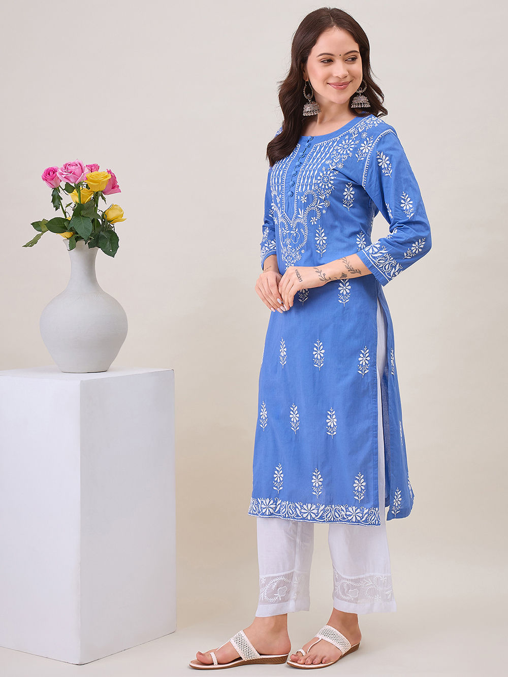 Blue Chikankari Embroidered Cotton Kurta