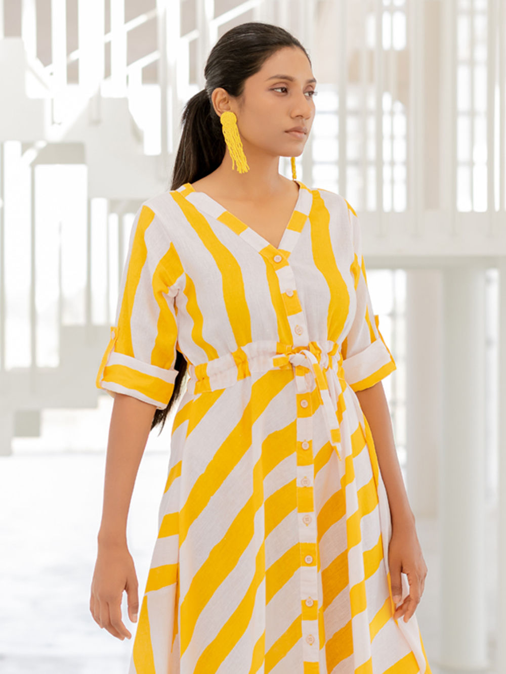 Yellow White Striped Viscose Linen Blend Dress