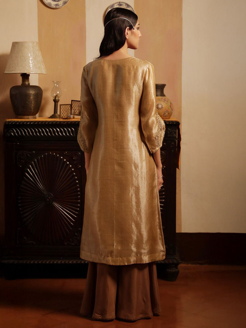dress color blue and gold Girls Lavender Anarkali Gown Banarasi Kora Silk Golden Zari Puff Sleeves main image 1