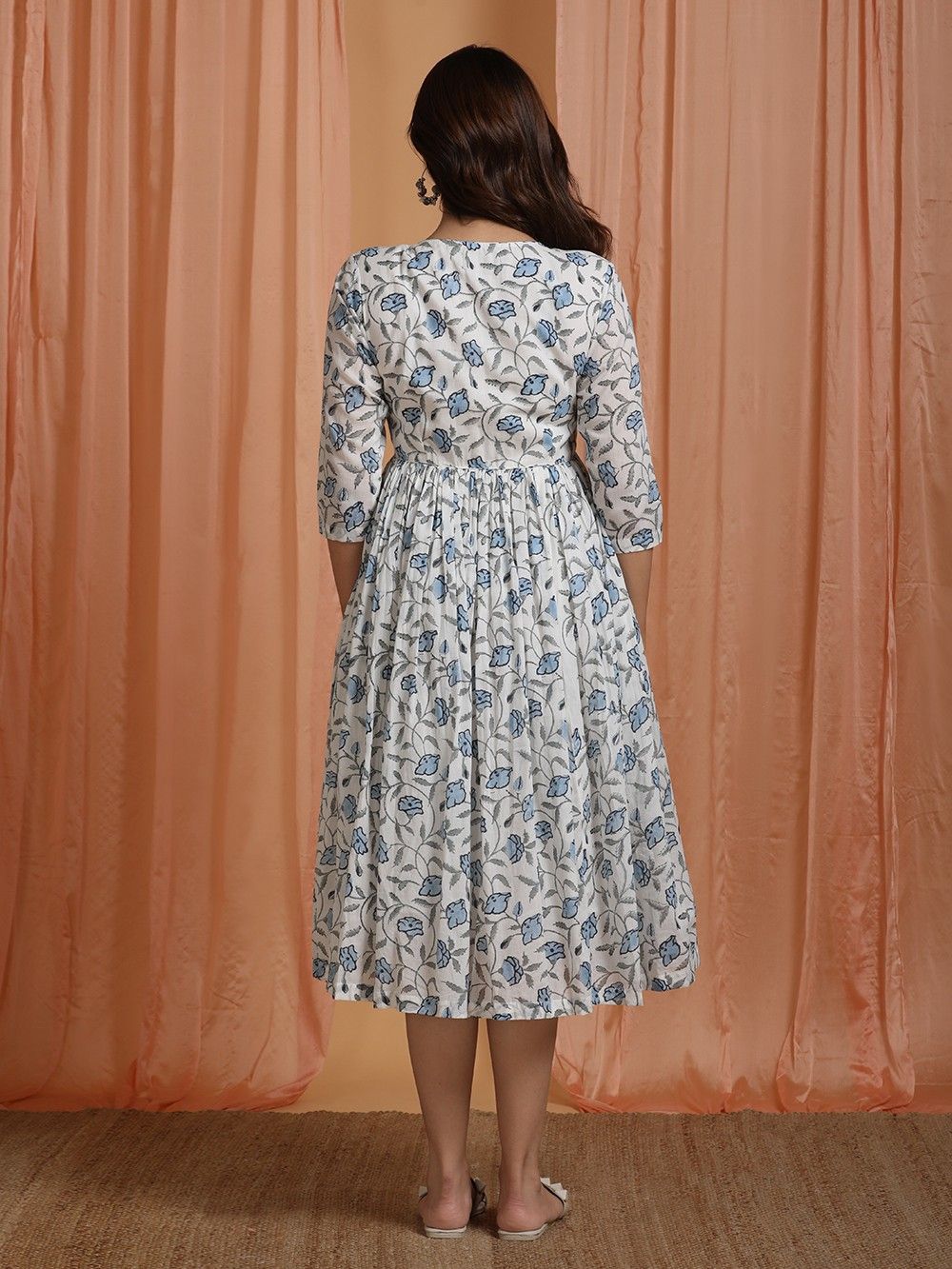 white christmas dresses Pastel Floral Hand Block Printed Fit & Flare Dress main image 0