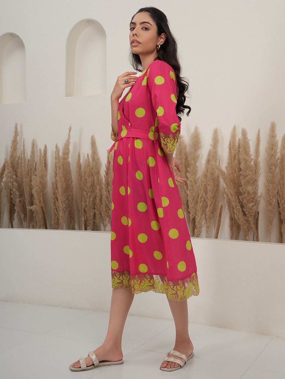 Fuchsia Lime Green Polka Dot Hand Block Printed Cotton Dress with Belt
