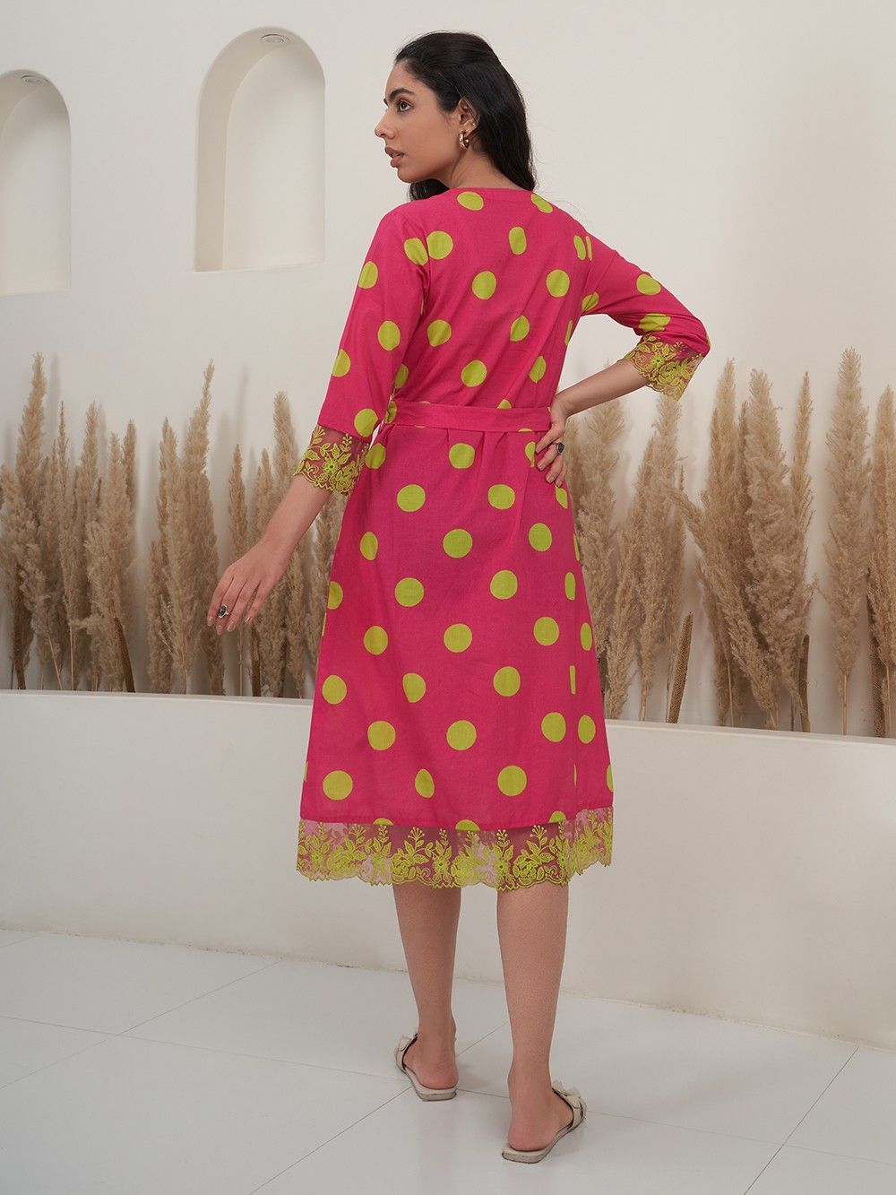 Fuchsia Lime Green Polka Dot Hand Block Printed Cotton Dress with Belt