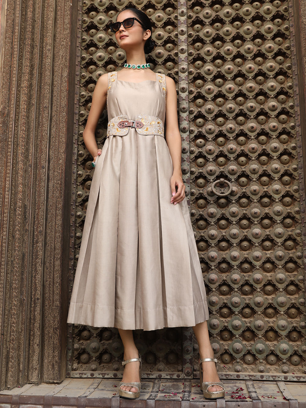 Grey Hand Embroidered Silk Dress with Belt- Set of 2