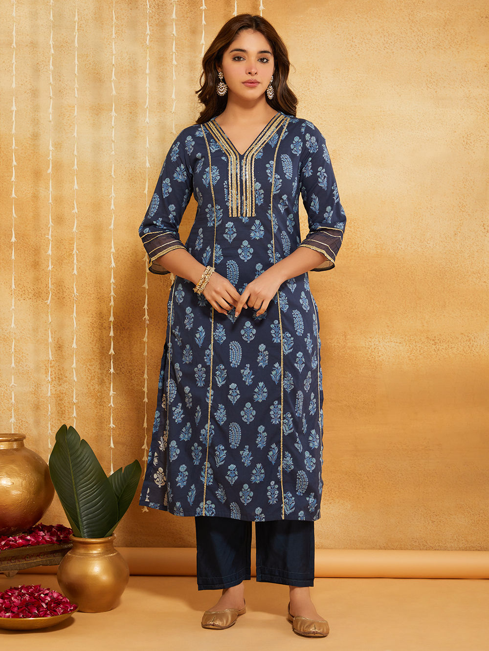 Indigo Dabu Hand Block Printed Cotton Suit - Set of 3