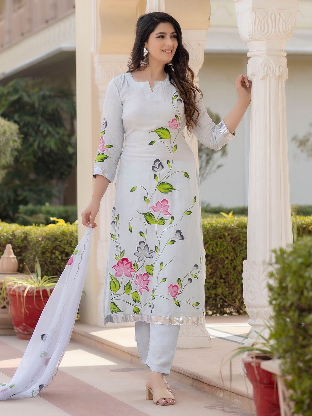 Light Blue Hand Painted Cotton Suit - Set of 3