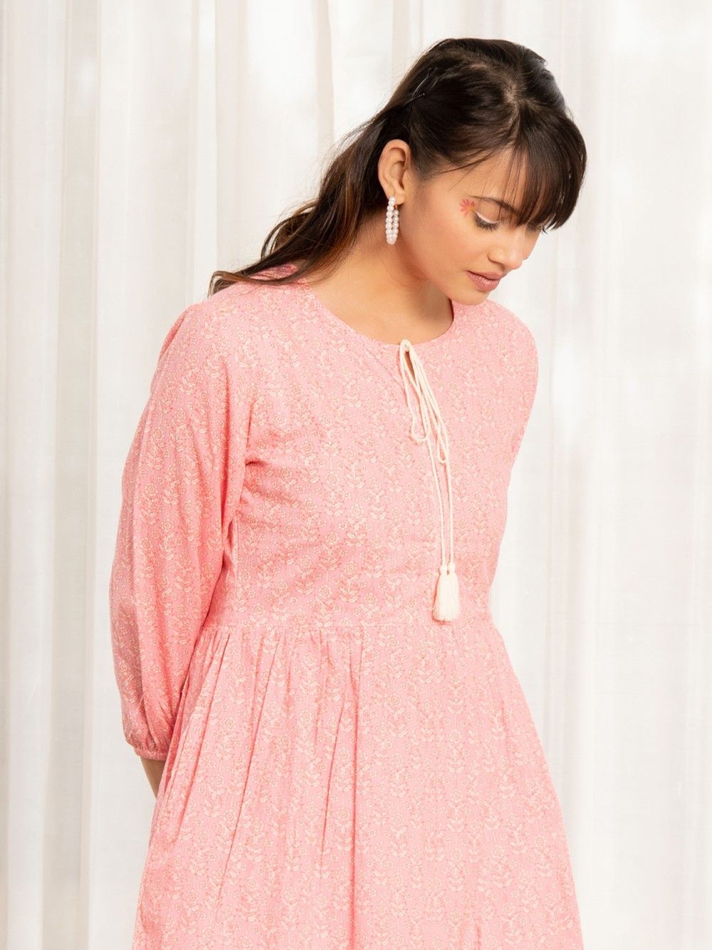 Light Pink Printed Cotton Gathered Dress