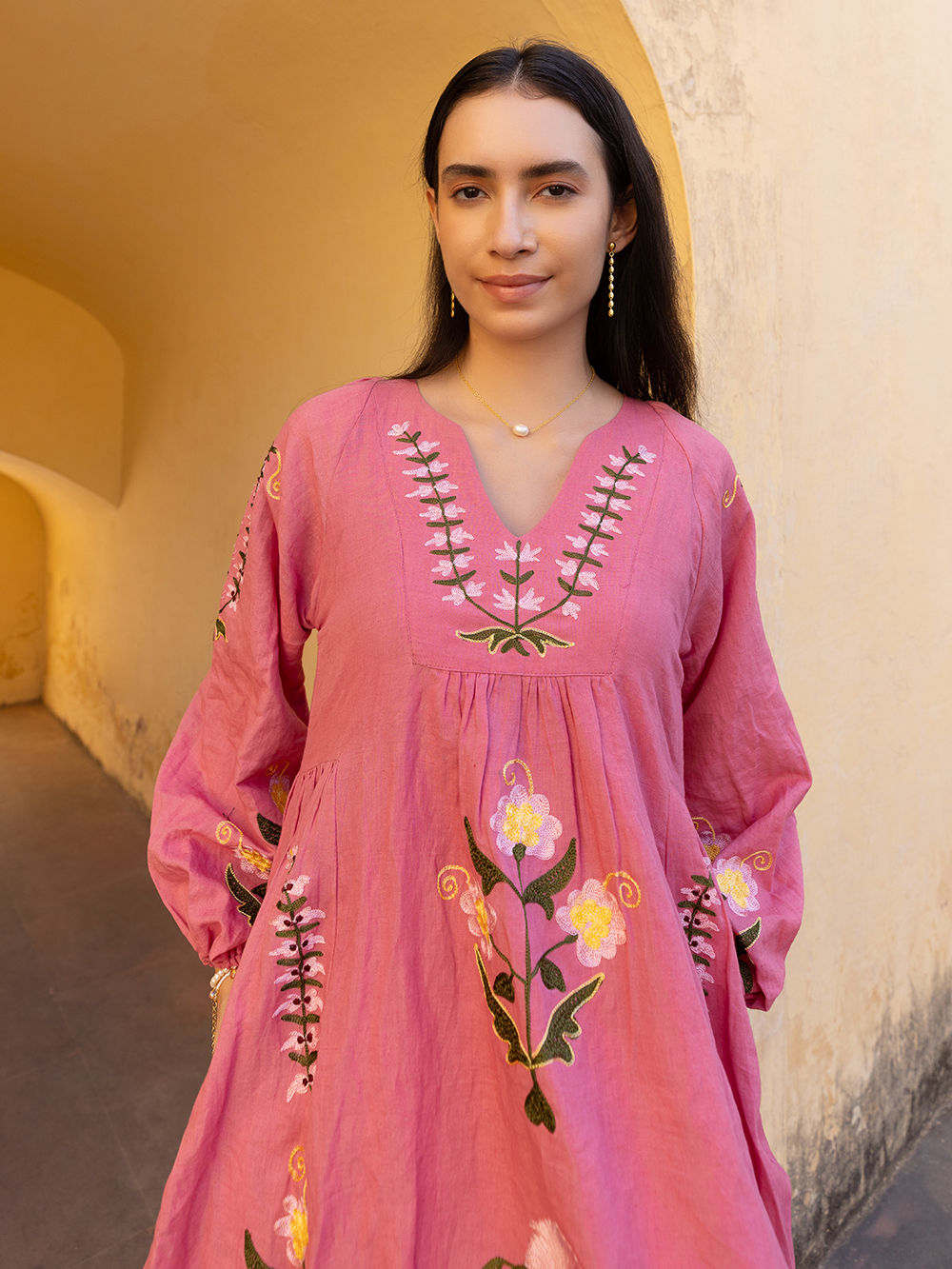 Pink Hand Embroidered Linen Blend Dress with slip