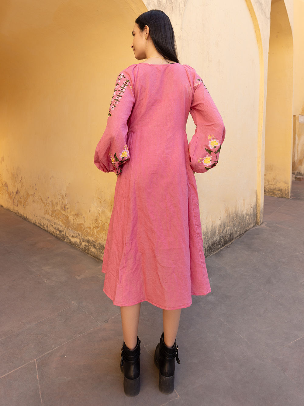 Pink Hand Embroidered Linen Blend Dress with slip
