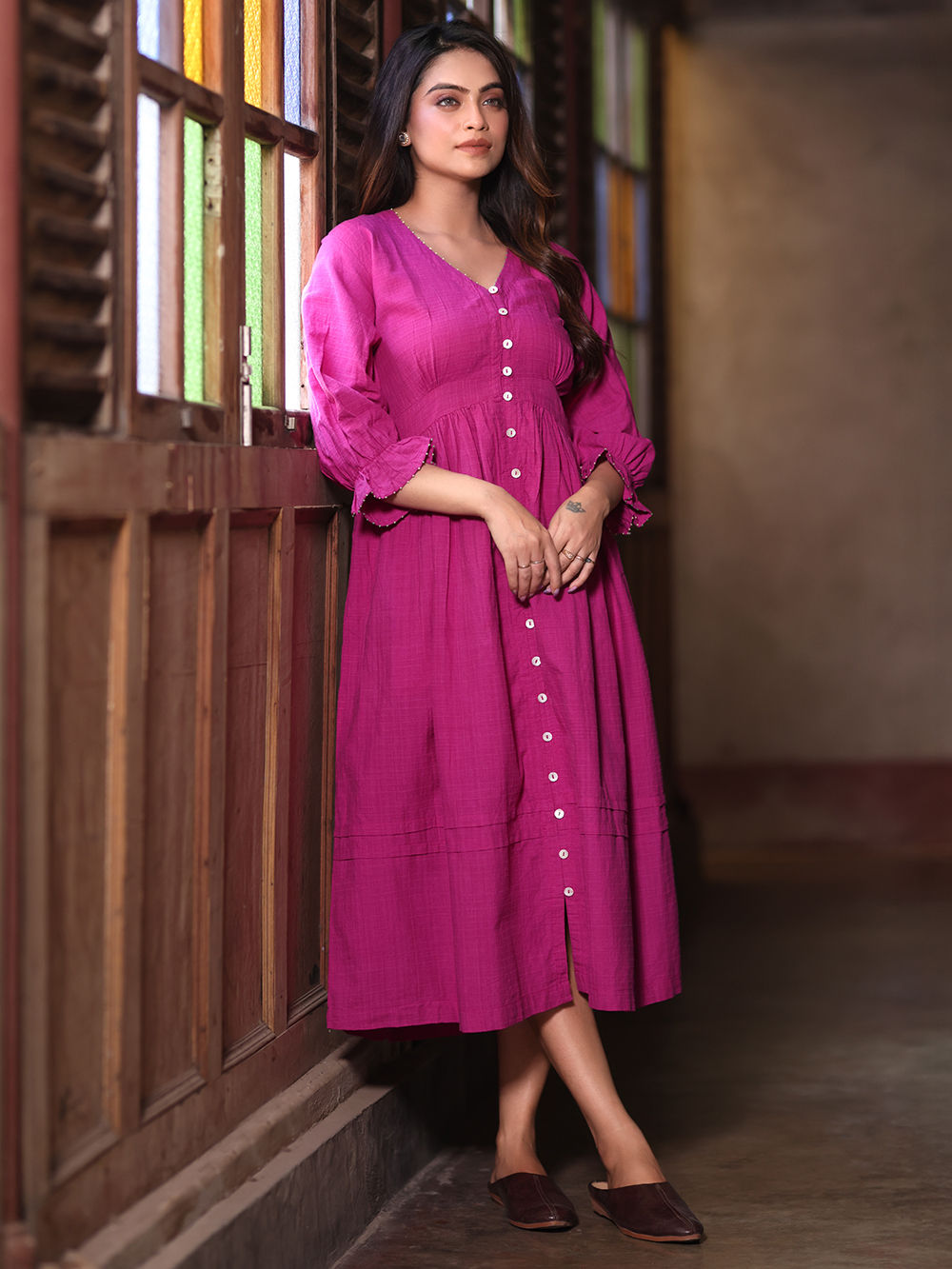 【未使用】ジェーンマープル　Cotton lawn Agatha dress Magenta Handwoven Cotton Dress