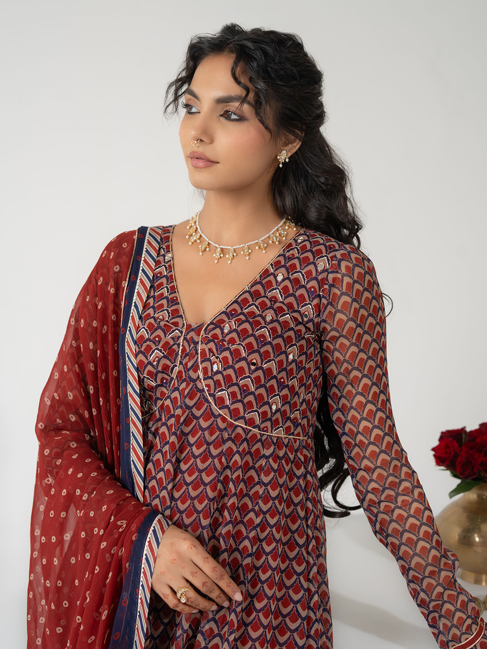 Beige Red Printed Chiffon Suit - Set of 3