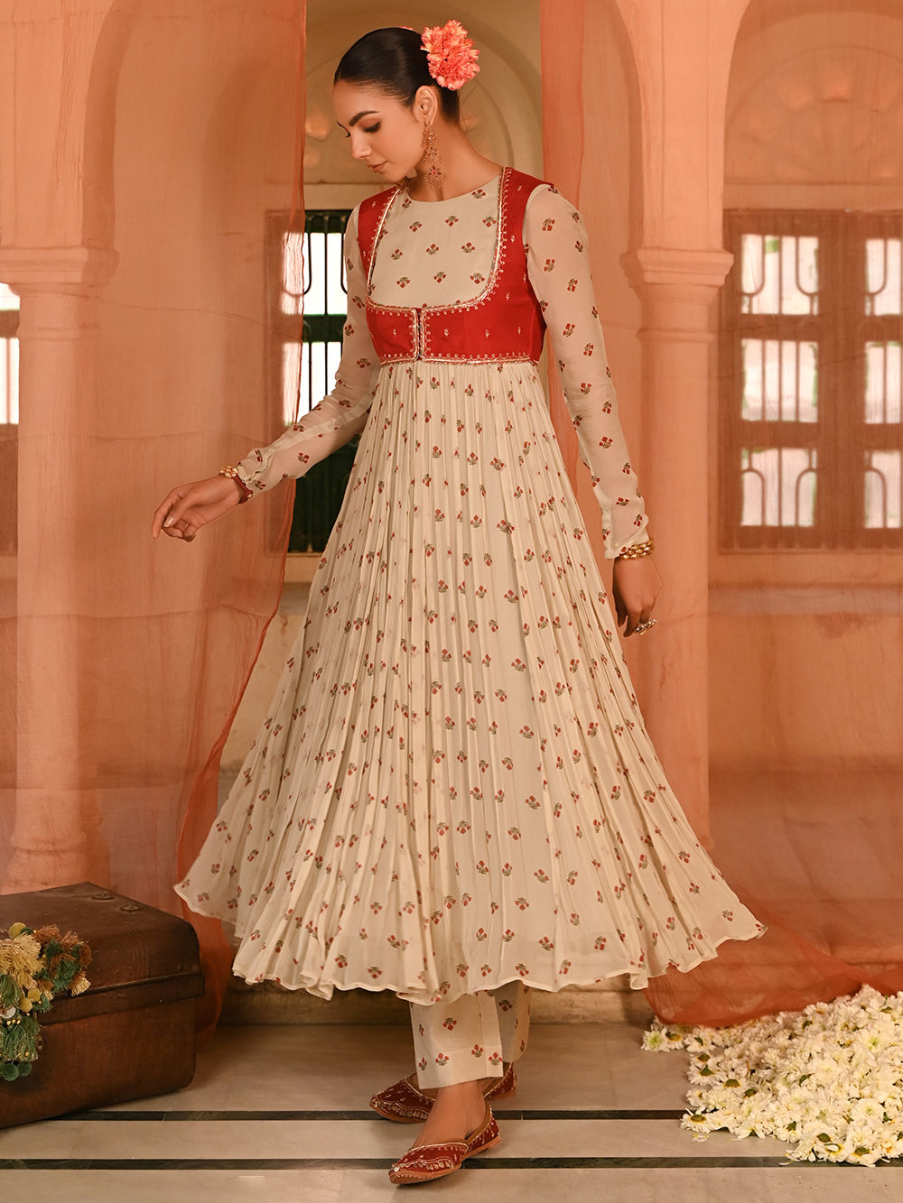 Beige Red Printed Chiffon Suit - Set of 4 Beige Red Printed Chiffon Suit - Set of 4