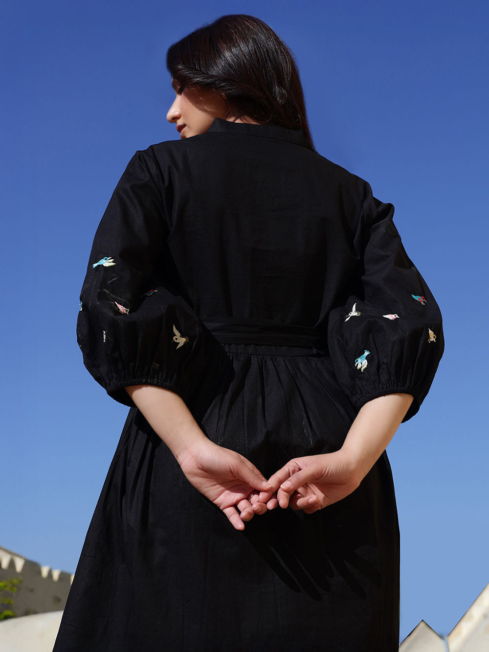 Black Embroidered Cotton Dress with Belt