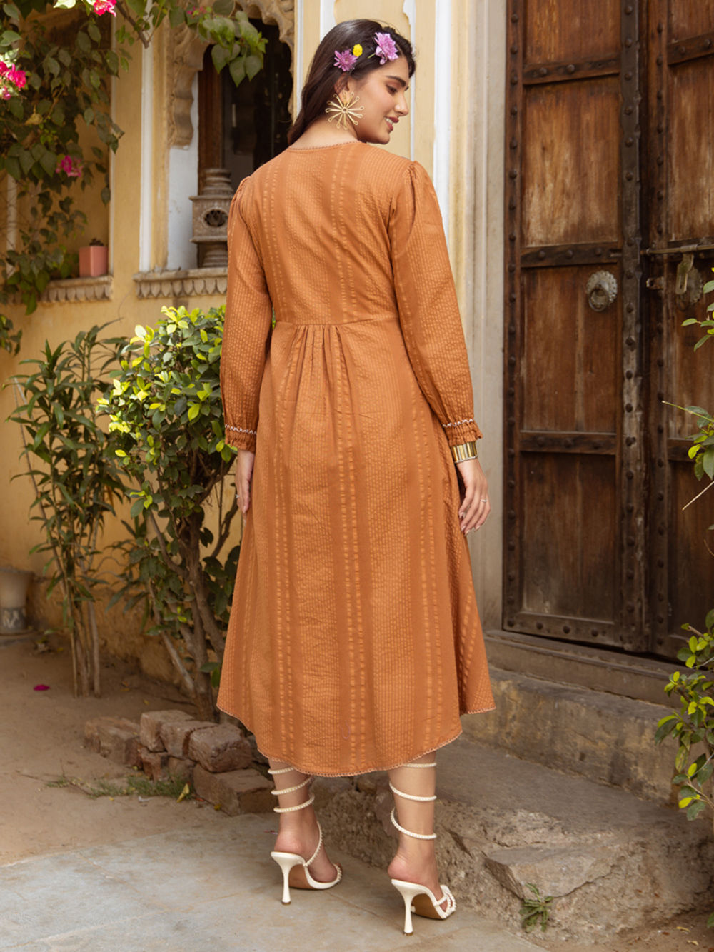 Rust Embroidered Cotton Dress