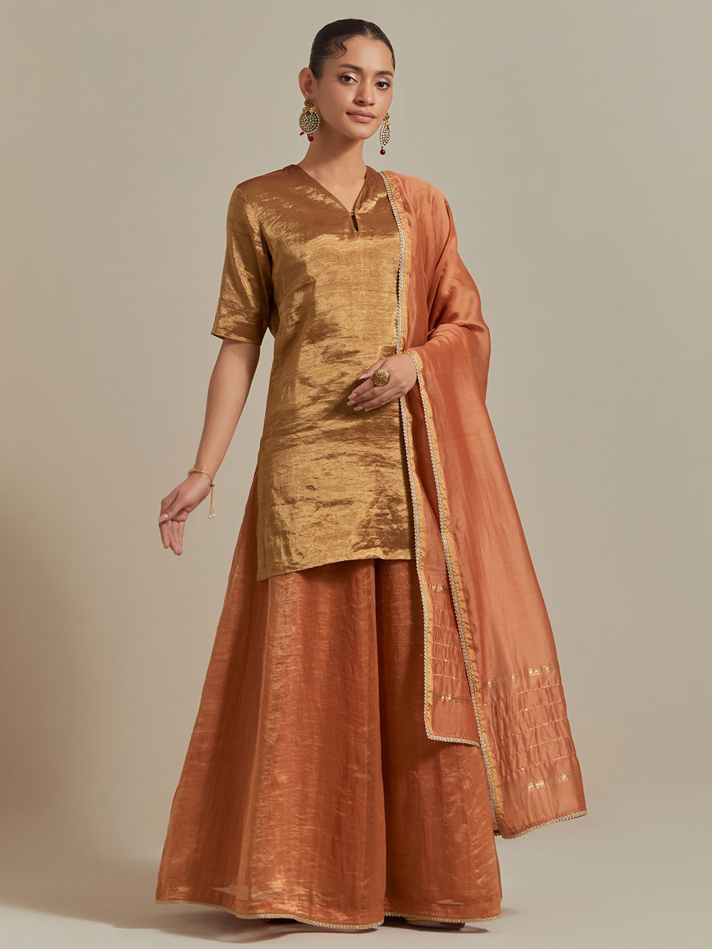 Golden Zari Silk Sharara Suit - Set of 3