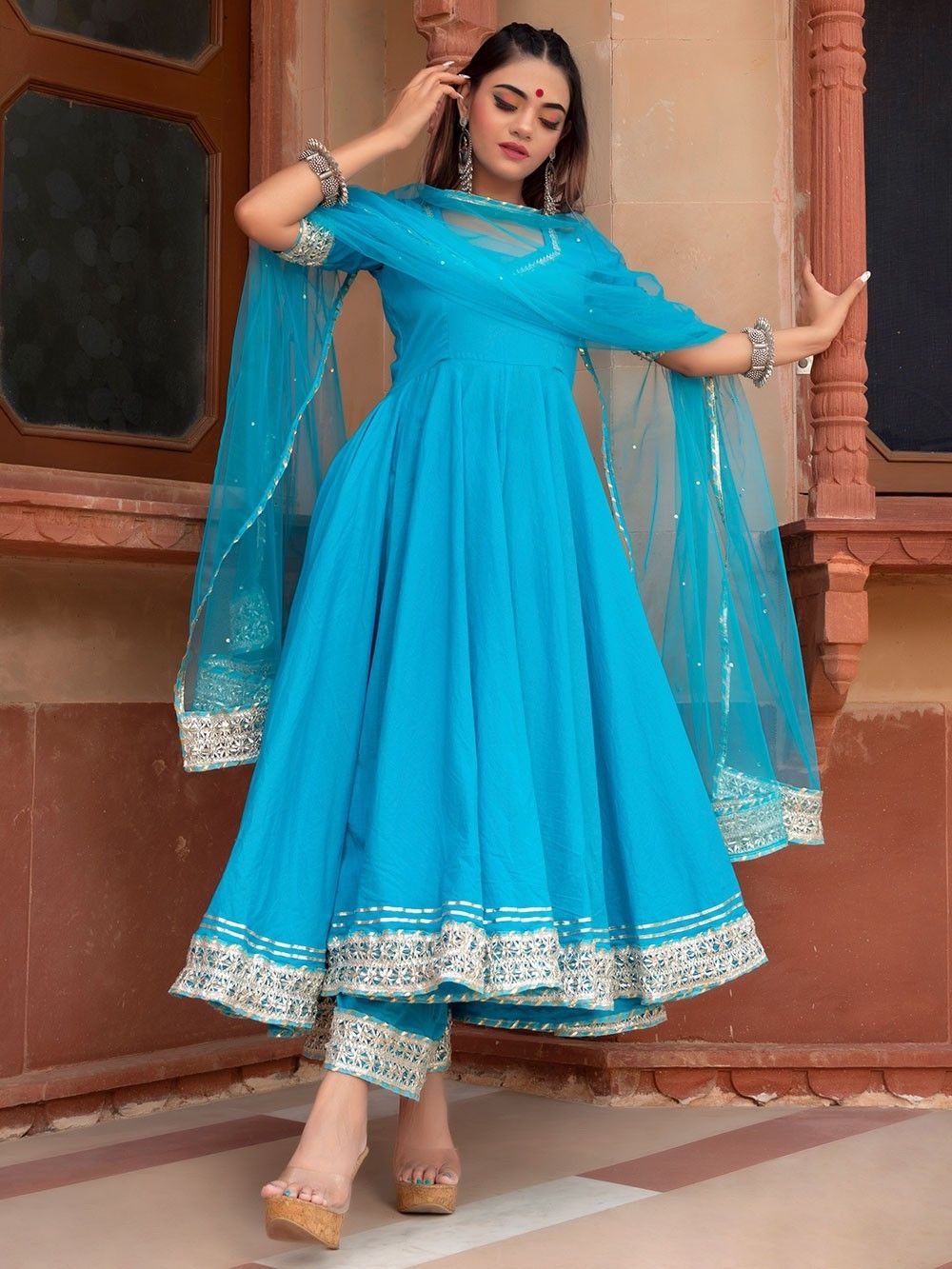 lace anarkali dress Blue Lace Work Cotton Anarkali Suit- Set of 3