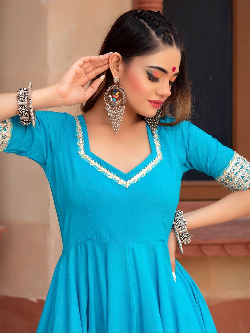 Blue Lace Work Cotton Anarkali Suit- Set of 3