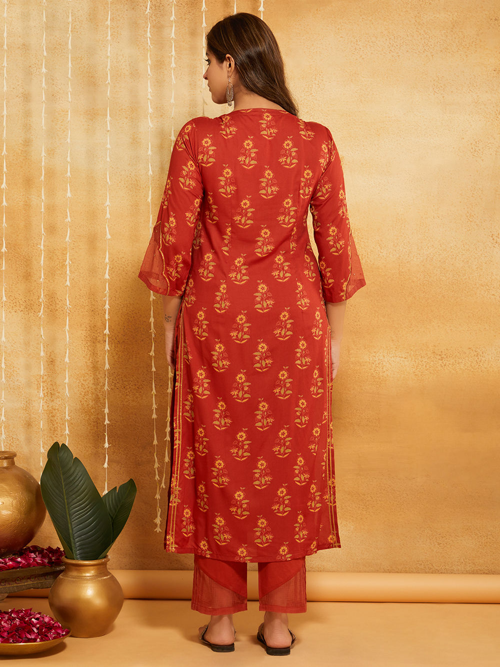 Orange Printed Modal Suit - Set of 3