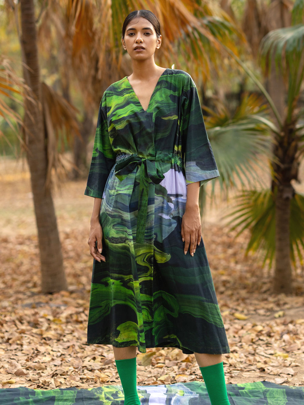 Green Printed Upcycled Poplin Dress Green Printed Upcycled Poplin Dress