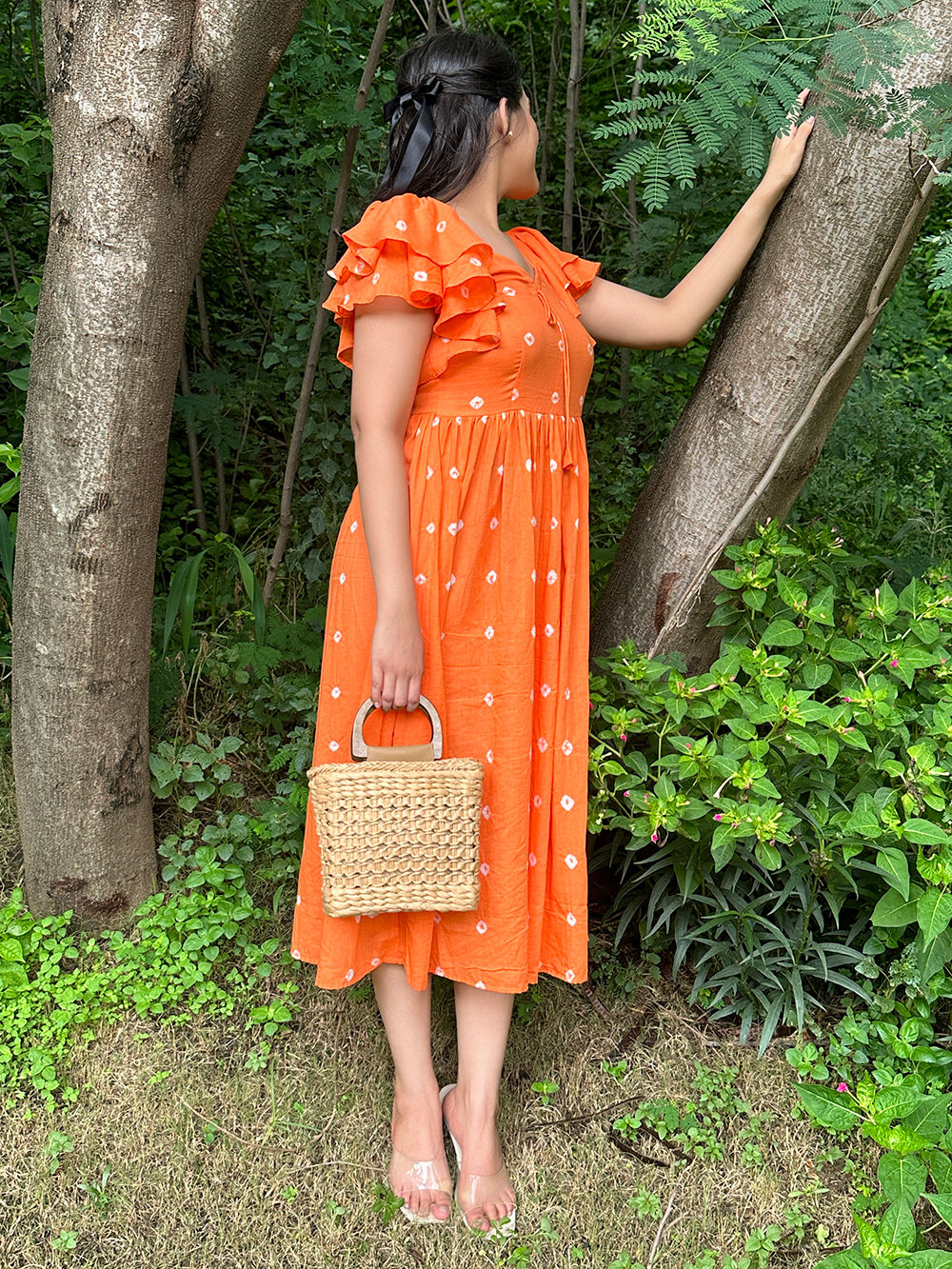 Orange Bandhani Cotton Dress