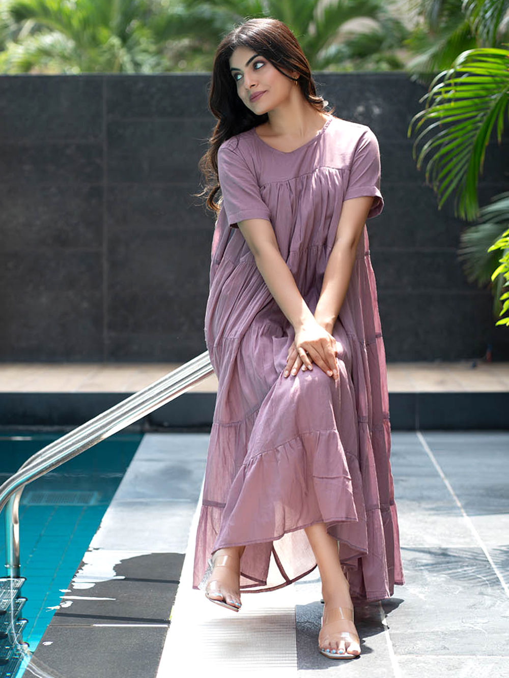 white christmas dresses Royal Purple Cotton Poplin A-Line Detachable Sleeve Flared Midi Dress 70
