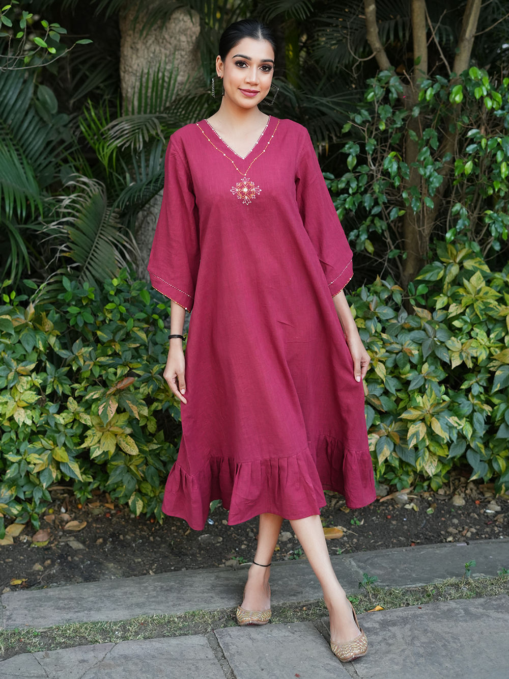 Maroon Hand Embroidered Cotton Slub Dress