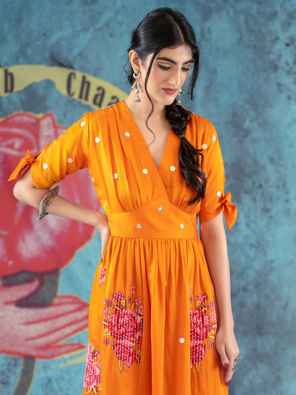 green emerald velvet dress Embroidered Orange Pakistani Frock Dupatta Party Dress – Nameera by Farooq main image 0