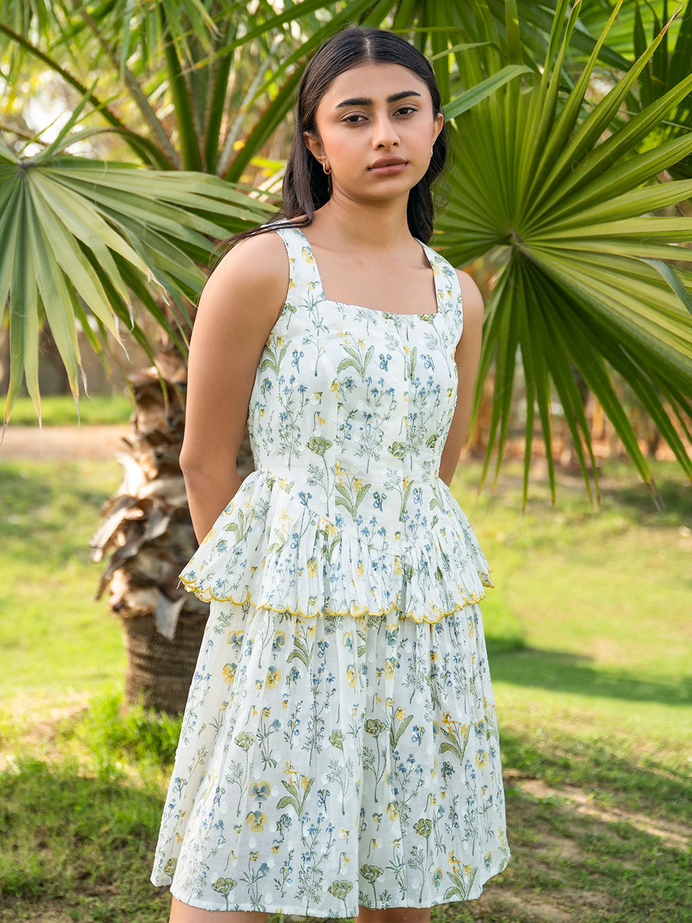 White Hand Block Printed Cotton Dobby Dress