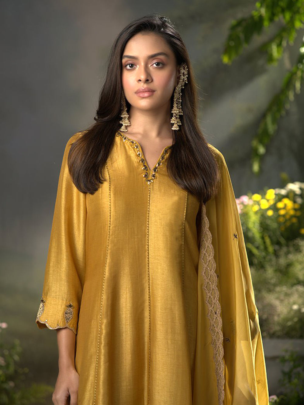 Mustard Yellow Zardozi Embroidered Raw Silk Suit- Set of 3