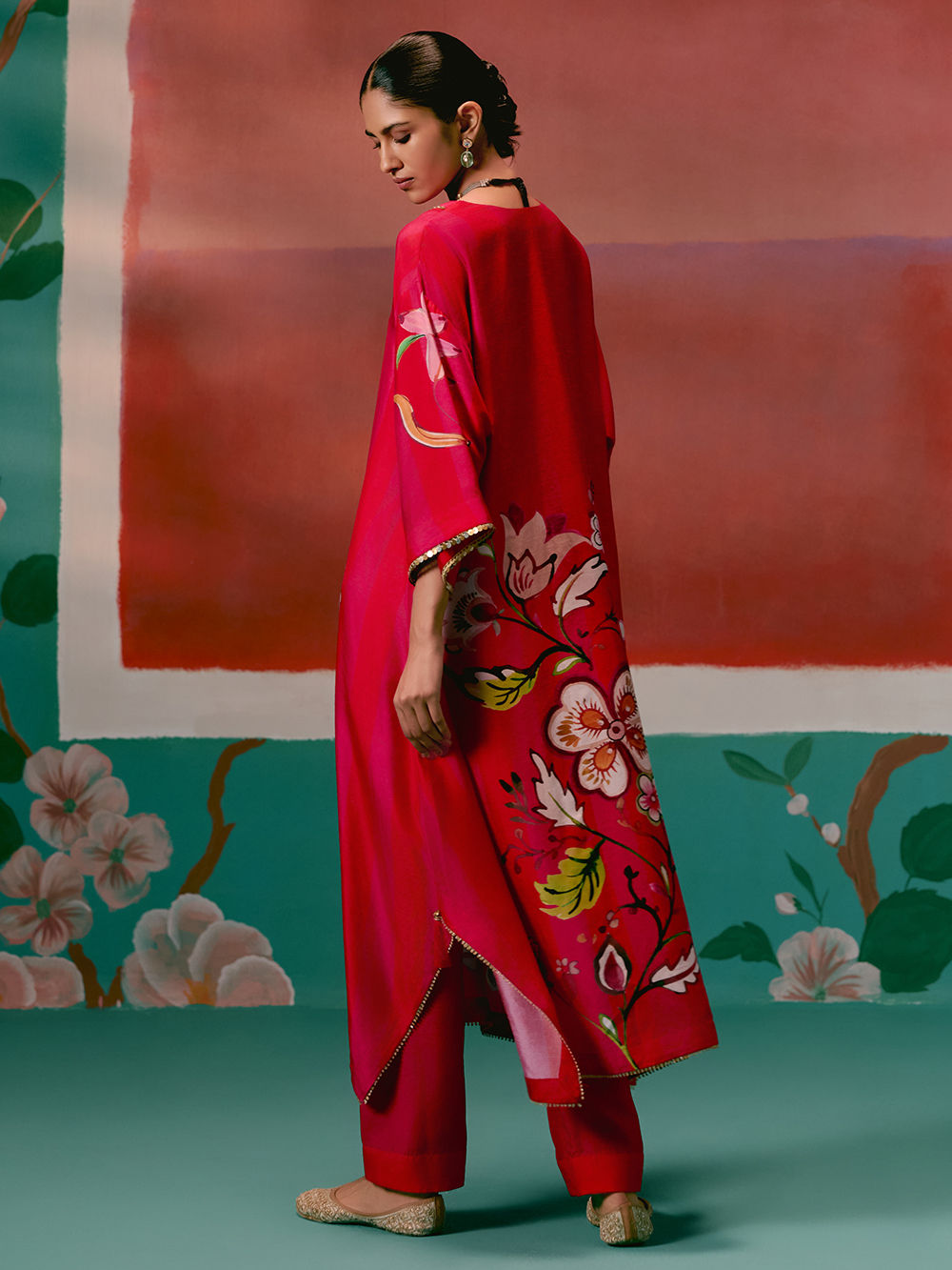 viscose kaftan Fuchsia Printed Viscose Kaftan with Pants- Set of 2The Loom