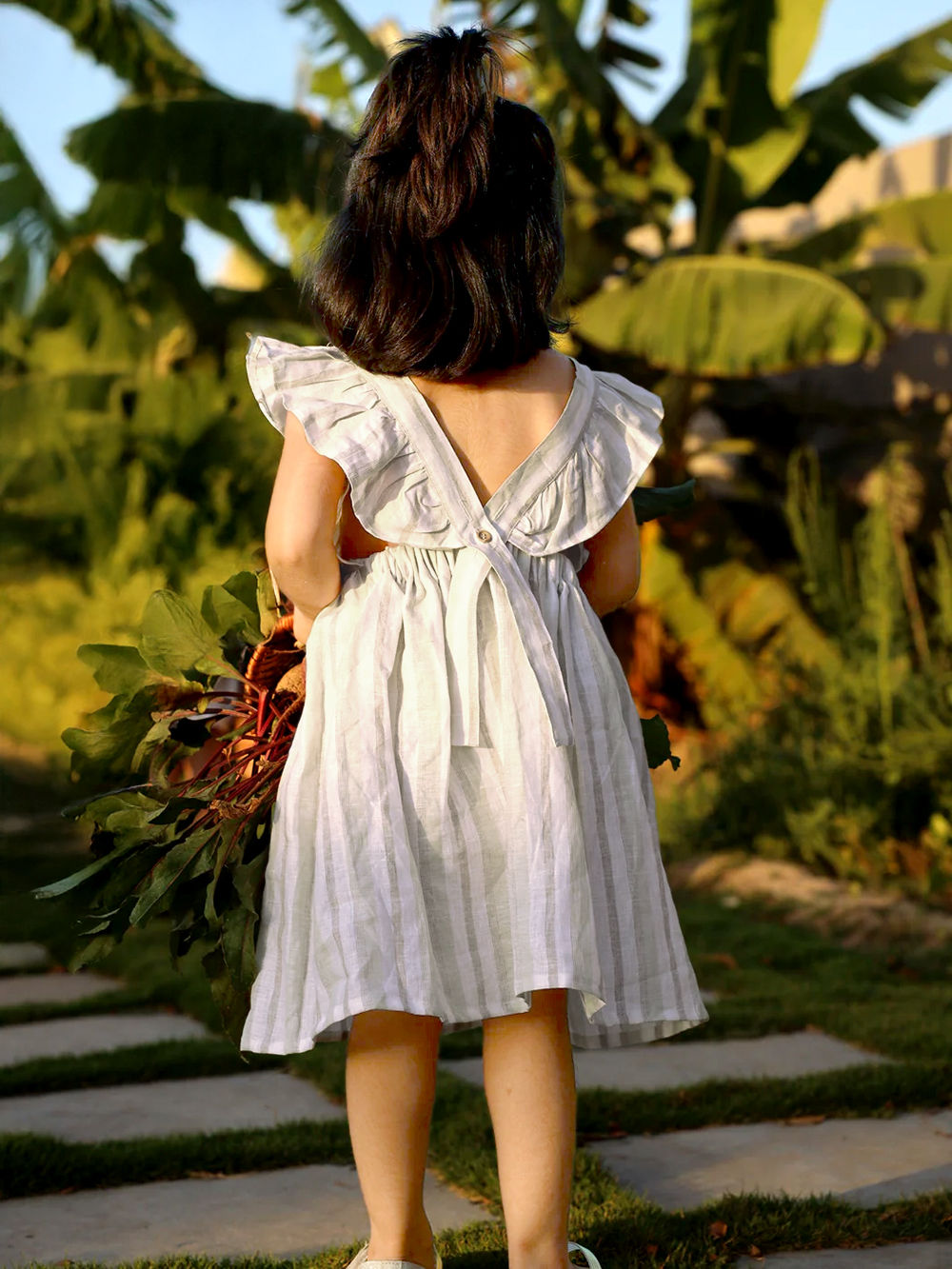 White Green Stripe Printed Linen Dress