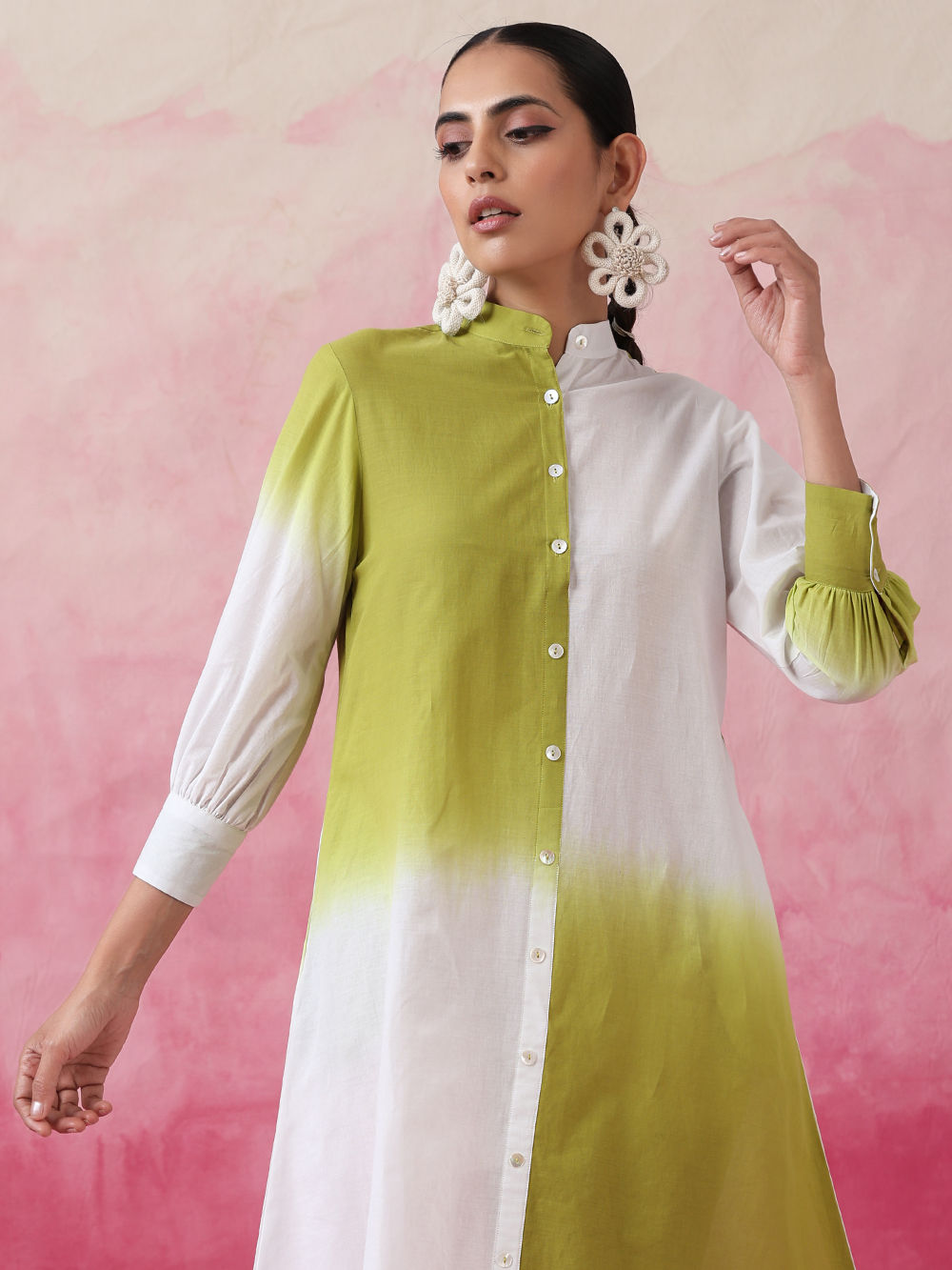 Green White Ombre Dyed Cotton Dress