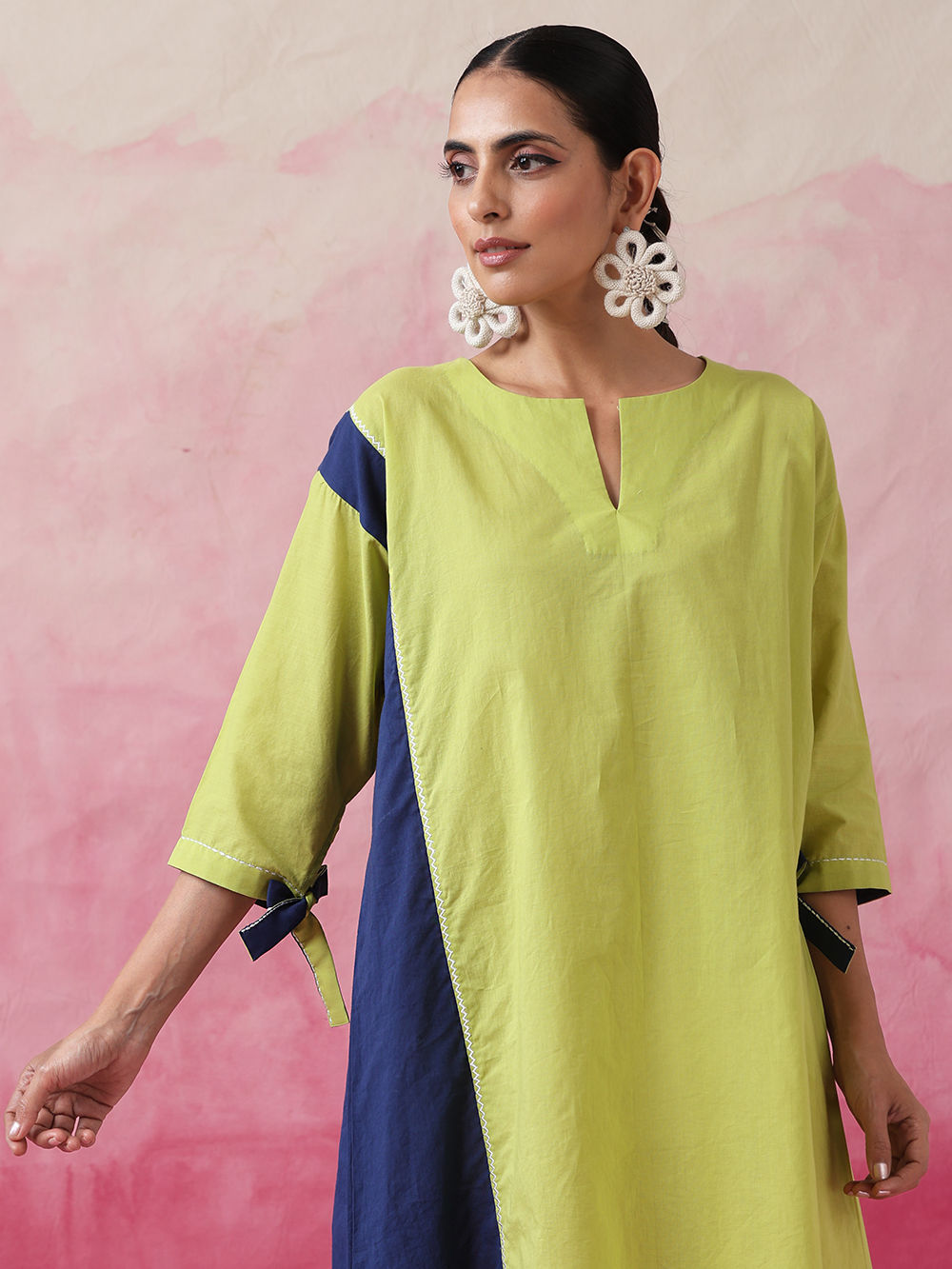 Lime Green Blue Color Block Cotton Dress with Slip