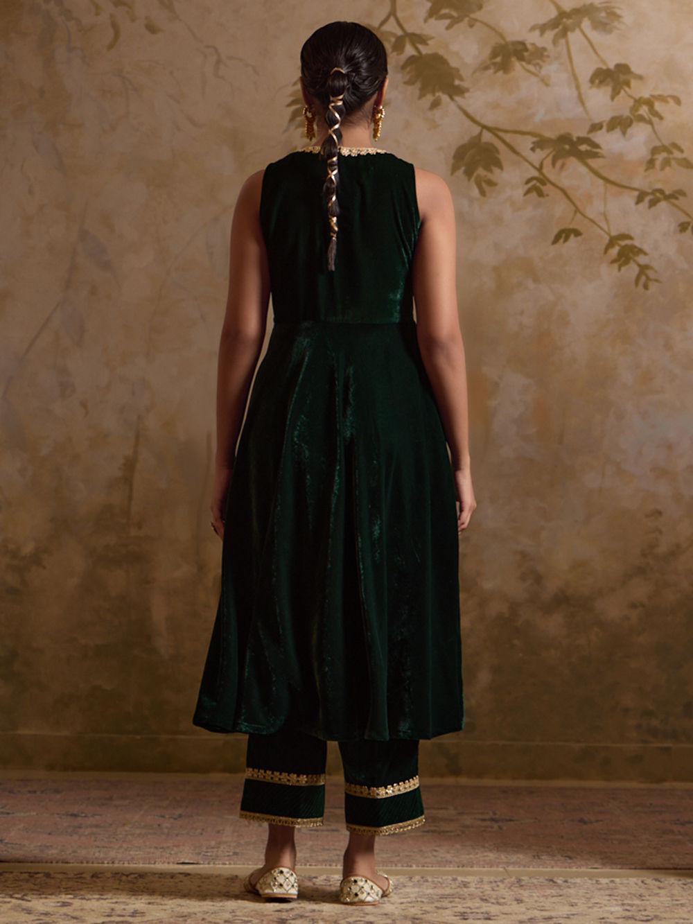 Bottle Green Lace Work Velvet Suit - Set of 3