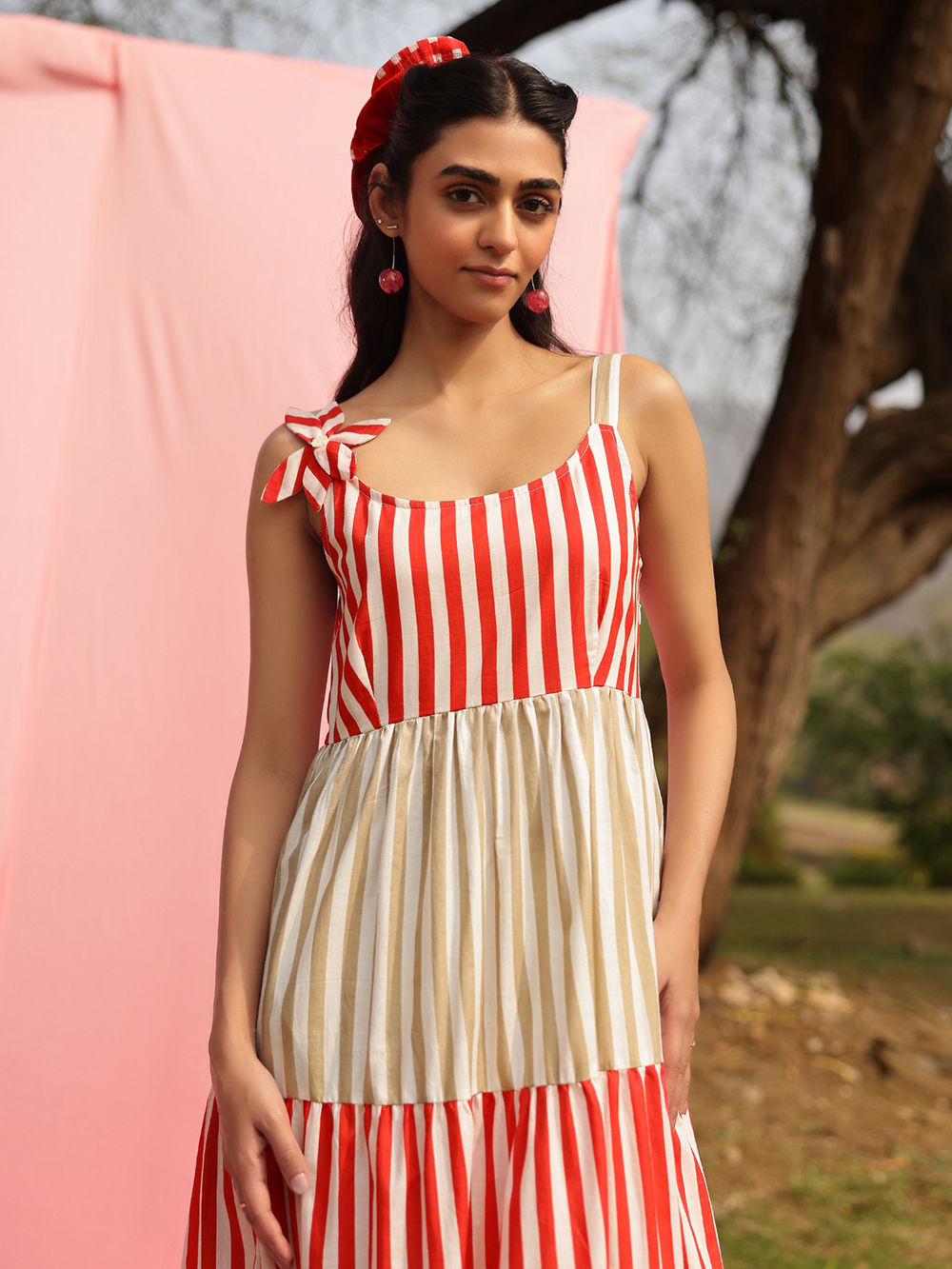 Red Beige Striped Cotton Dress Red Beige Striped Cotton Dress