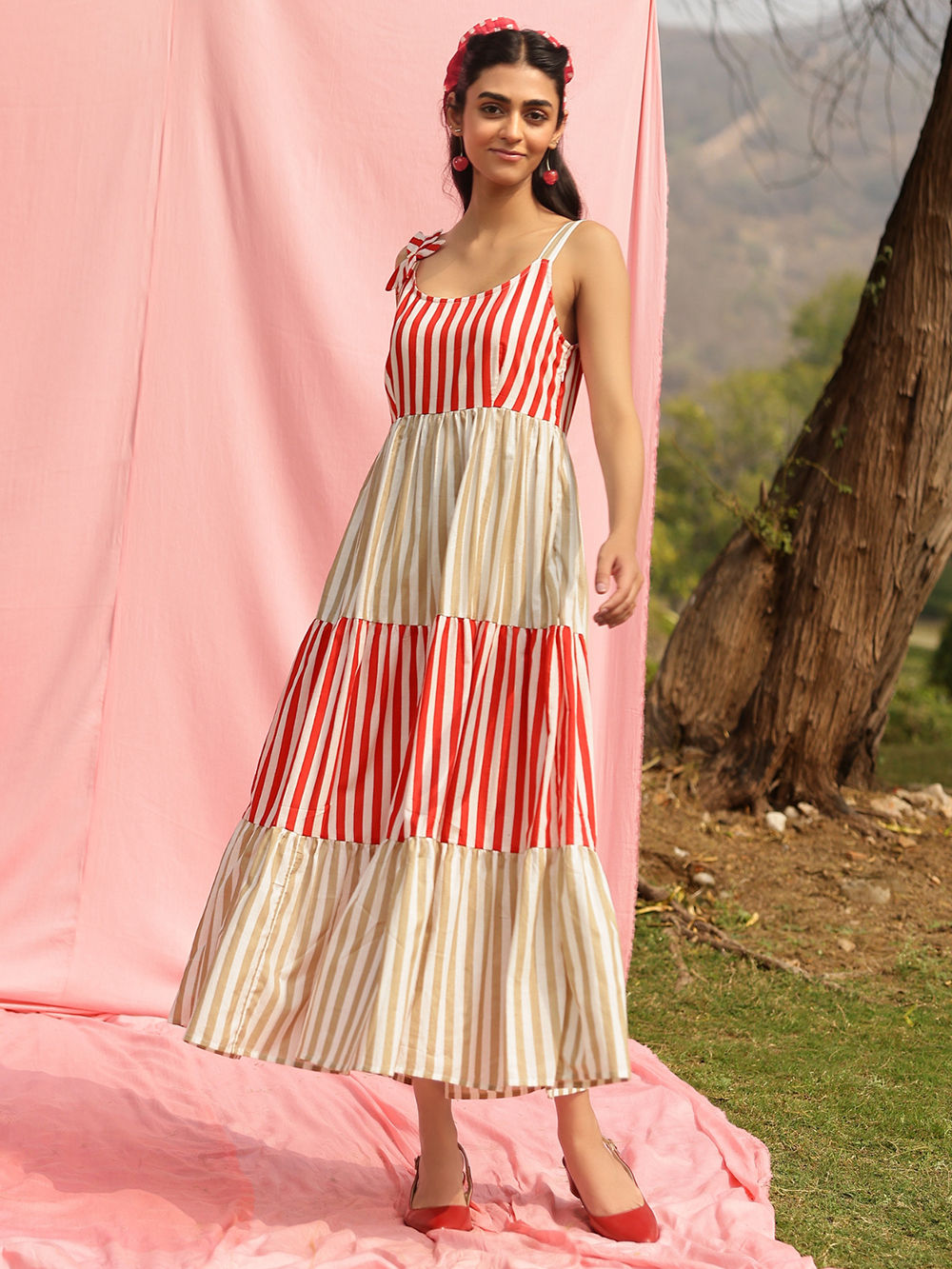 Red Beige Striped Cotton Dress