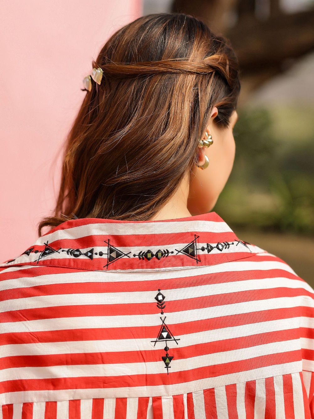 Red White Striped Cotton Mirror Embroidered Shirt