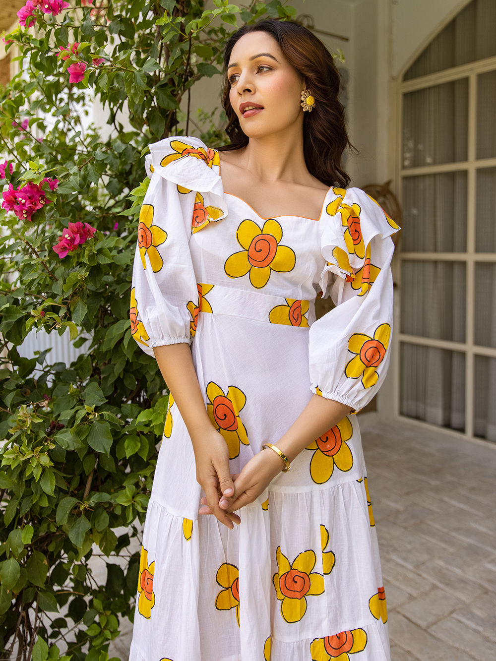 White Yellow Printed Cotton Dress