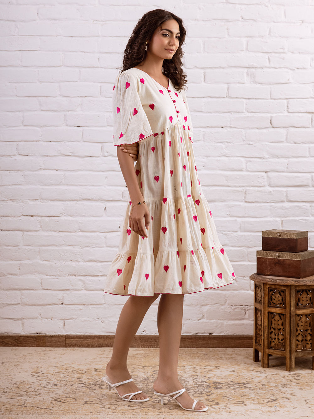 White Pink Embroidered Cotton Dress