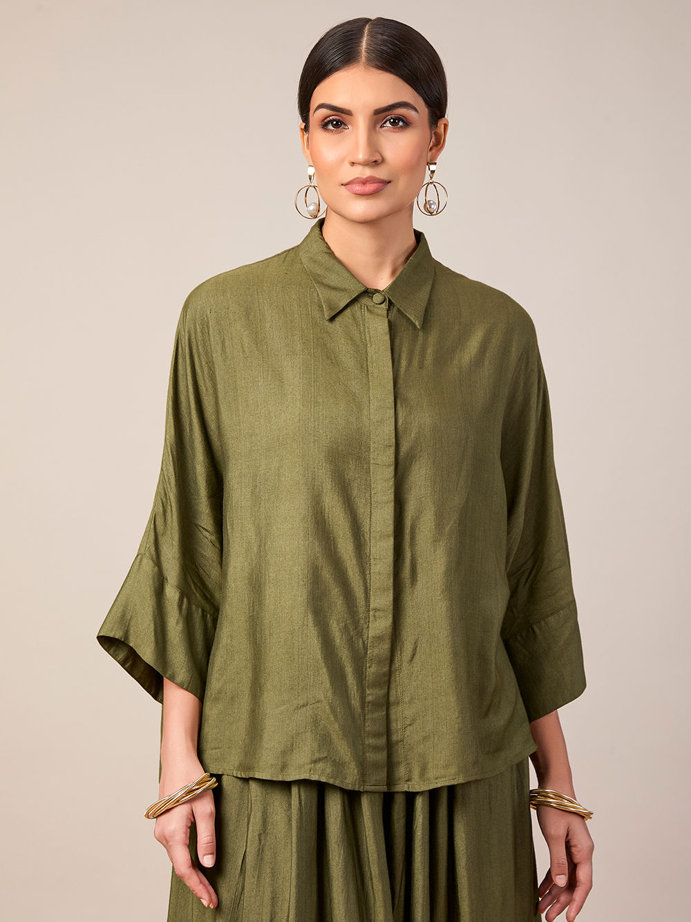 Olive Green Silk Blend Shirt with Skirt - Set of 2