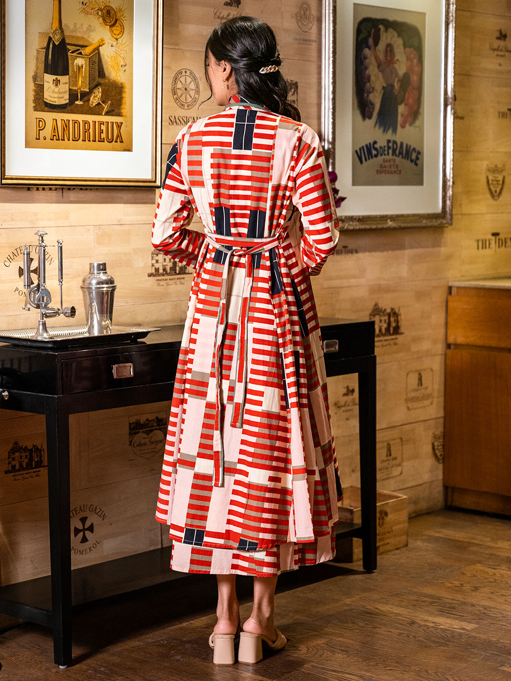 Multicolor Printed Cotton Dress with Jacket and Belt- Set of 2